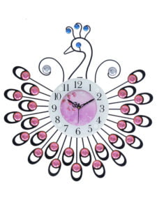 Chronikle Beautiful Peacock Design Decorative Diamond Studded Home/Office Decor Crystal Metal Analog Wall Clock With Sweep Movement ( Size: 48 x 5 x 48 CM | Color: Pink | Weight: 825 grm )