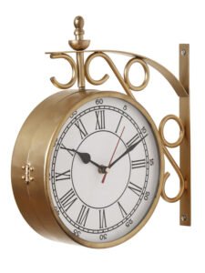 Chronikle Antique Metal Golden Color Double Sided Roman Numerals Station Hanging 8" Wall Clock With Non-Ticking Movement ( Size: 28 x 7 x 30 CM | Weight: 2820 grm | Color: Golden )