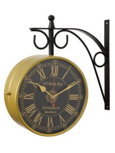 Chronikle Antique Metal Black & Golden Color Double Sided Roman Numerals Station Hanging 8" Wall Clock With Black Dial ( Size: 28 x 7 x 30 CM | Weight: 2820 grm | Color: Golden & Black )