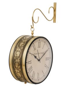 Chronikle Antique Metal Golden Color Double Sided Roman & Full Figure Home Decor Railway/Metro Station Hanging 12" Wall Clock ( Size: 42 x 15 x 51 CM | Weight: 1830 grm | Color: Golden )