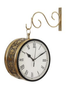 Chronikle Antique Metal Double Sided Roman Numerals Railway/Metro Station Brass Color Hanging Wall Clock With Non- Sticking Movement ( Size: 36 x 12 x 36 CM | Weight: 2160 grm | Color: Brass )