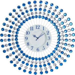 Chronikle Beautiful Crystal Decorative Floral Design Round Diamond Studded Analog Home/Office Decor Metal Wall Clock With Sweep Movement ( Size: 60 x 5 x 60 CM | Color: Blue | Weight: 2005 grm )