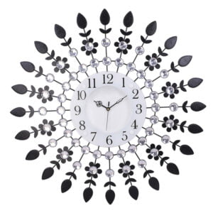 Chronikle Beautiful Crystal Decorative Analog Floral Design Round Diamond Studded Home Decor Metal Wall Clock With Non-Ticking Movement ( Size: 60 x 5 x 60 CM | Color: Black | Weight: 1310 grm )