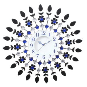 Chronikle Beautiful Crystal Decorative Analog Floral Design Round Diamond Studded Home Decor Metal Wall Clock With Silent Movement ( Size: 60 x 5 x 60 CM | Color: Blue & Black | Weight: 1310 grm )
