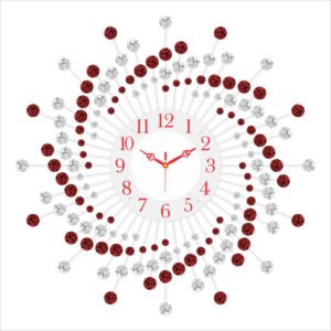 Chronikle Beautiful Crystal Decorative Analog Floral Design Round Diamond Studded Home Decor Metal Wall Clock With Silent Movement ( Size: 60 x 5 x 60 CM | Color: Red & White | Weight: 1460 grm )