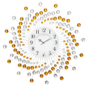 Chronikle Beautiful Crystal Decorative Analog Floral Design Round Diamond Studded Home Decor Metal Wall Clock With Sweep Movement ( Size: 60 x 5 x 60 CM | Color: Yellow & White | Weight: 1460 grm )