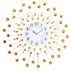 Chronikle Beautiful Decorative Analog Floral Design Round Diamond Studded Home/Office Decor Metal Crystal Wall Clock With Silent Movement ( Size: 60 x 5 x 60 CM | Color: Yellow | Weight: 1315 grm )