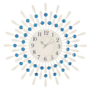 Chronikle Beautiful Decorative Analog Floral Design Round Diamond Studded Home/Office Decor Metal Wall Clock With Silent Movement ( Size: 58 x 5 x 58 CM | Color: Blue & White | Weight: 1315 grm )