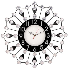 Chronikle Beautiful Analog Decorative Floral Design Round Diamond Studded Home Decor Metal Crystal Wall Clock With Sweep Movement ( Size: 46 x 5 x 45 CM | Color: Black & Silver | Weight: 1040 grm )