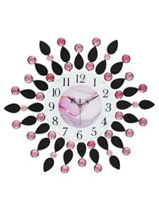 Chronikle Beautiful Analog Floral Design Decorative Round Diamond Studded Home/Office Decor Crystal Metal Wall Clock With Sweep Movement ( Size: 48 x 5 x 48 CM | Color: Pink | Weight: 1040 grm )