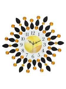 Chronikle Beautiful Analog Floral Design Decorative Round Diamond Studded Home/Office Decor Crystal Metal Wall Clock With Sweep Movement ( Size: 48 x 5 x 48 CM | Color: Yellow | Weight: 1040 grm )
