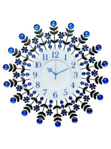 Chronikle Beautiful Analog Floral Design Decorative Round Diamond Studded Home/Office Decor Crystal Metal Wall Clock With Sweep Movement ( Size: 46 x 5 x 46 CM | Color: Blue | Weight: 1005 grm )