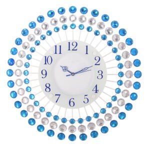 Chronikle Beautiful Decorative Floral Design Round Diamond Studded Home/Office Decor Analog Metal Crystal Wall Clock With Sweep Movement ( Size: 46 x 5 x 46 CM | Color: Blue | Weight: 1255 grm )