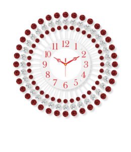 Chronikle Beautiful Red Decorative Floral Design Round Diamond Studded Home/Office Decor Analog Metal Crystal Wall Clock With Sweep Movement ( Size: 46 x 5 x 46 CM | Color: Red | Weight: 1255 grm )