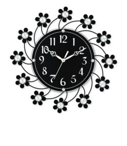 Chronikle Beautiful Decorative Floral Design Crystal Round Diamond Studded Home/Office Decor Analog Metal Wall Clock With Sweep Movement ( Size: 37 x 5 x 37 CM | Color: Black | Weight: 715 grm )