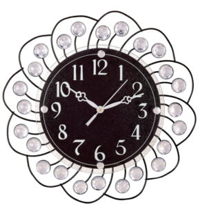 Chronikle Beautiful Decorative Floral Design Crystal Round Diamond Studded Home Decor Analog Metal Wall Clock With Sweep Movement ( Size: 35 x 5 x 35 CM | Color: Silver & Black | Weight: 715 grm )