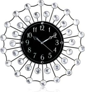Chronikle Beautiful Decorative Floral Design Crystal Round Diamond Studded Home Decor Analog Metal Wall Clock With Sweep Movement ( Size: 36.5 x 5 x 36.5 CM | Color: Silver & Black | Weight: 870 grm)