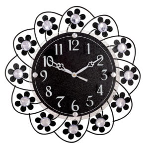 Chronikle Beautiful Decorative Floral Design Crystal Round Diamond Studded Home / Office Decor Analog Metal Wall Clock With Sweep Movement ( Size: 36 x 5 x 36 CM | Color: Black | Weight: 745 grm)