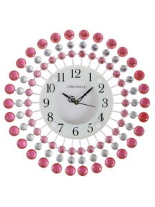 Chronikle Beautiful Floral Design Decorative Round Diamond Studded Home/Office Decor Crystal Metal Analog Wall Clock With Sweep Movement ( Size: 37 x 5 x 37 CM | Color: Pink | Weight: 830 grm )