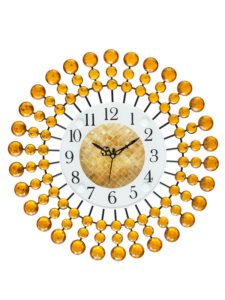 Chronikle Beautiful Floral Design Decorative Round Diamond Studded Home/Office Decor Crystal Metal Analog Wall Clock With Sweep Movement ( Size: 37 x 5 x 37 CM | Color: Yellow | Weight: 830 grm )