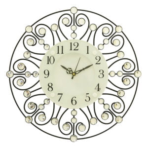Chronikle Beautiful Floral Decorative Round Diamond Studded Analog Home/Office Decor Metal Crystal Wall Clock With Sweep Movement ( Size: 37 x 5 x 37 CM | Color: White & Black | Weight: 730 grm )