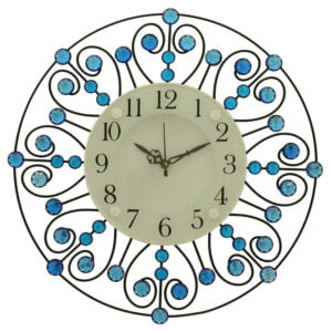 Chronikle Beautiful Floral Design Blue Decorative Round Diamond Studded Analog Home/Office Decor Metal Crystal Wall Clock With Sweep Movement ( Size: 37 x 5 x 37 CM | Color: Blue | Weight: 730 grm )
