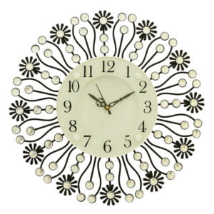 Chronikle Beautiful Floral Design Decorative Round Diamond Studded Analog Home/Office Decor Metal Crystal Wall Clock With Sweep Movement ( Size: 37 x 5 x 37 CM | Color: Black | Weight: 735 grm )