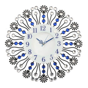Chronikle Beautiful Floral Design Decorative Round Diamond Studded Analog Home/Office Decor Metal Crystal Wall Clock With Sweep Movement (Size: 37 x 5 x 37 CM | Color: Blue & Black | Weight: 735 grm)