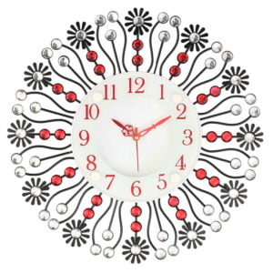 Chronikle Beautiful Floral Design Decorative Round Diamond Studded Analog Home/Office Decor Metal Crystal Wall Clock With Sweep Movement (Size: 37 x 5 x 37 CM | Color: Red & Black | Weight: 735 grm)