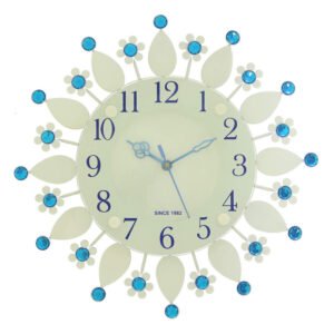 Chronikle Beautiful Analog Floral Design Decorative Crystal Round Diamond Studded Home/Office Decor Metal Wall Clock With Sweep Movement ( Size: 32 x 4 x 32 CM | Color: Blue & White | Weight: 600 grm)