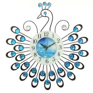 Chronikle Beautiful Analog Peacock Design Decorative Crystal Diamond Studded Home / Office Decor Metal Wall Clock With Sweep Movement ( Size: 48 x 5 x 48 CM | Color: Blue | Weight: 825 grm)