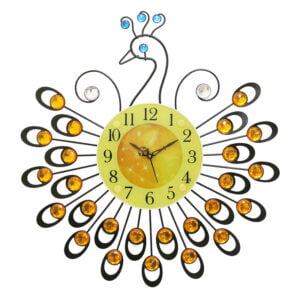 Chronikle Beautiful Peacock Design Decorative Crystal Diamond Studded Home / Office Decor Metal Analog Wall Clock With Sweep Movement ( Size: 48 x 5 x 48 CM | Color: Yellow | Weight: 825 grm )