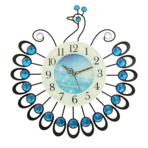 Chronikle Beautiful Peacock Design Decorative Crystal Diamond Studded Home / Office Decor Metal Analog Wall Clock With Sweep Movement ( Size: 38 x 5 x 38 CM | Color: Blue | Weight: 680 grm )