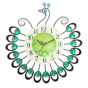 Chronikle Beautiful Peacock Design Decorative Crystal Diamond Studded Analog Home / Office Decor Metal Wall Clock With Sweep Movement ( Size: 38 x 5 x 38 CM | Color: Green | Weight: 680 grm )