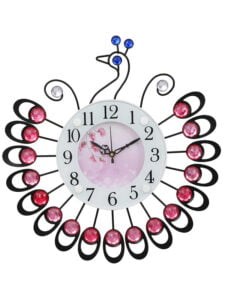 Chronikle Beautiful Peacock Design Decorative Crystal Diamond Studded Analog Home / Office Decor Metal Wall Clock With Sweep Movement ( Size: 38 x 5 x 38 CM | Color: Pink | Weight: 680 grm )