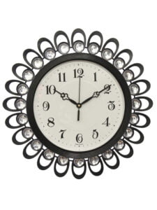 Chronikle Beautiful Floral Design Decorative Crystal Round Diamond Studded Analog Home/Office Decor Metal Wall Clock With Sweep Movement (Size: 37 x 5 x 37 CM | Color: Black & Silver |Weight: 805 grm)