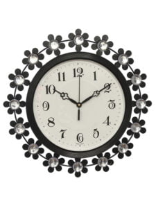 Chronikle Beautiful Floral Design Decorative Crystal Round Diamond Studded Analog Home/Office Decor Metal Wall Clock With Sweep Movement (Size: 37 x 5 x 37 CM | Color: Black & Silver |Weight: 690 grm)