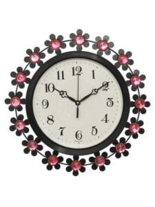 Chronikle Beautiful Floral Design Decorative Crystal Round Diamond Studded Analog Home/Office Decor Metal Wall Clock With Sweep Movement (Size: 37 x 5 x 37 CM | Color: Pink & Black | Weight: 690 grm)
