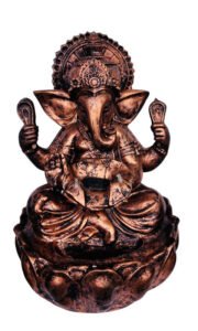 Chronikle Polyresin Table Top Copper Color Indoor Home Decor Ganesha Idol Sitting On Lotus Flower Showing Front Waterfall Fountain with Yellow LED Light & Speed Controller Pump (Size: 33 x 34 x 54 CM)