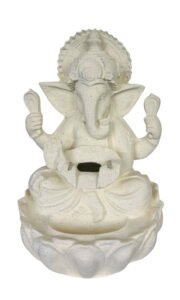 Chronikle Polyresin Table Top White Color Indoor Home Decor Ganesha Idol Sitting On Lotus Flower Showing Front Waterfall Fountain with Yellow LED Light & Speed Controller Pump (Size: 33 x 34 x 54 CM)