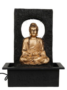 Chronikle Polyresin Table Top Golden & Brown Meditating Buddha Home Decor Indoor Waterfall Fountain with Yellow LED Lights, Water Flow Controller Pump (Size: 38 x 22 x 29.5 CM | Weight: 2120 grm)