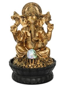 Chronikle Polyresin Ganesha Idol Table Top Indoor Home Decor Waterfall Fountain with Yellow LED Light, Speed Controller Pump & Rotating Ball (Size: 38.5 x 25 x 25 CM | Weight: 2095 grm |Color: Golden)