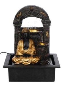 Chronikle Polyresin Table Top Buddha Indoor Home Decor 2 Steps Waterfall Fountain with Yellow LED Lights & Speed Controller Pump ( Size: 38 X 29.5 X 22 CM | Weight: 1970 grm | Color: Golden & Brown)