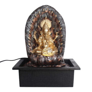 Chronikle Polyresin Table Top Ganesha Indoor Home Decor Waterfall Fountain Yellow LED Lights, Speed Controller Pump & Rotating Ball (Size: 38 x 29.5 x 22 CM | Color: Brown & Golden | Weight: 2105 grm)