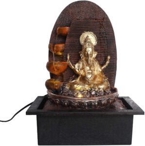 Chronikle Polyresin Brown & Golden Ganesha Idol Table Top Home Decor Indoor 4 Round Steps Waterfall With Speed Controller Pump & Yellow LED Lights ( Size: 39 x 29.5 x 22 CM | Weight: 2215 grm )