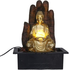 Chronikle Polyresin Brown & Golden Buddha Table Top Home Decor Indoor Water Fall with Hand in Background, Speed Controller Pump, Yellow LED & Rotating Ball (Size: 39 x 29.5 x 22 CM | Weight: 1885 grm)