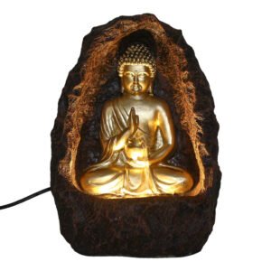 Chronikle Polyresin Brown & Golden Meditating Buddha in Cave Table Top Indoor Home Decor Waterfall Fountain with Yellow LED Light & Speed Controller Pump (Size: 34.5 x 26 x 16.5 CM | Weight: 2085 grm)