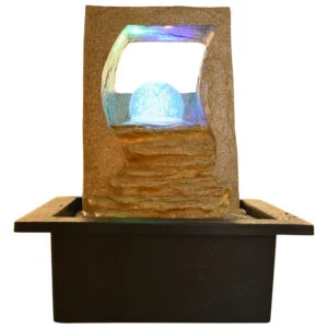 Chronikle Polyresin Designer Table Top Indoor Home Decor Waterfall Fountain with Multicolor LED Lights, Speed Controller Pump and Rotating Ball ( Size: 27 x 21 x 18.5 CM | Color: Sand | Weight: 1270 grm )