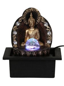 Chronikle Polyresin Brown & Golden Meditating Buddha Table Top Home Decor Indoor Waterfall Fountain with Multicolor LED, Speed Controller Pump & Rotating Ball (Size: 24 x 21 x 18.5 CM | Weight: 1150 grm)
