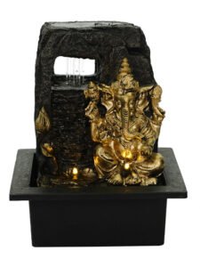 Chronikle Polyresin Indoor Ganesha Idol Table Top Home Decor Waterfall Fountain with Yellow LED Lights, Speed Controller Pump & Rotating Ball ( Size: 25.5 X 21 X 18.5 CM | Color: Brown & Golden )